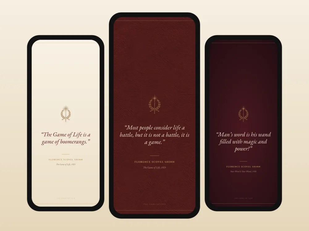 Three phones showing Shinn quote wallpapers in cream, burgundy and deep red