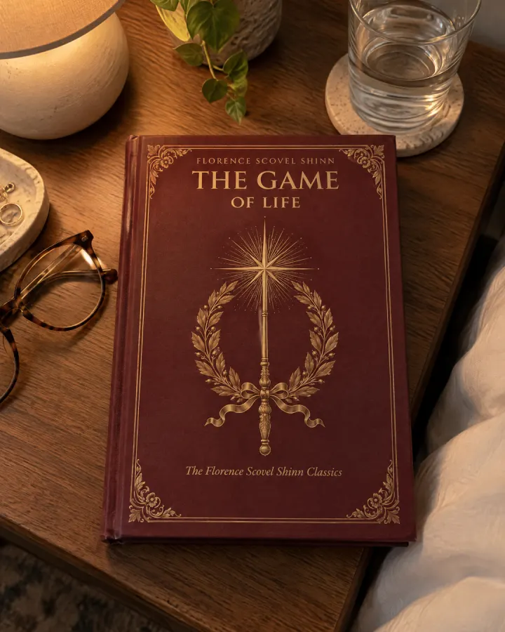 The Game of Life on a wooden nightstand beside a lamp, a glass of water and reading glasses