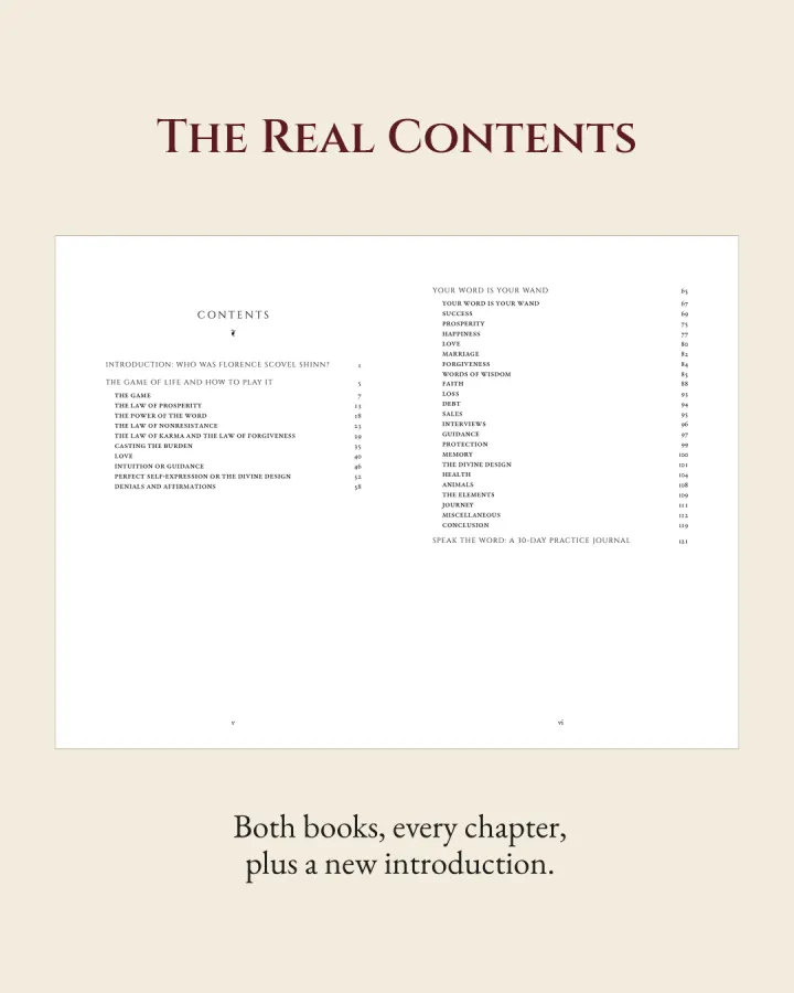 The real contents pages: every chapter of both books, the introduction and the journal
