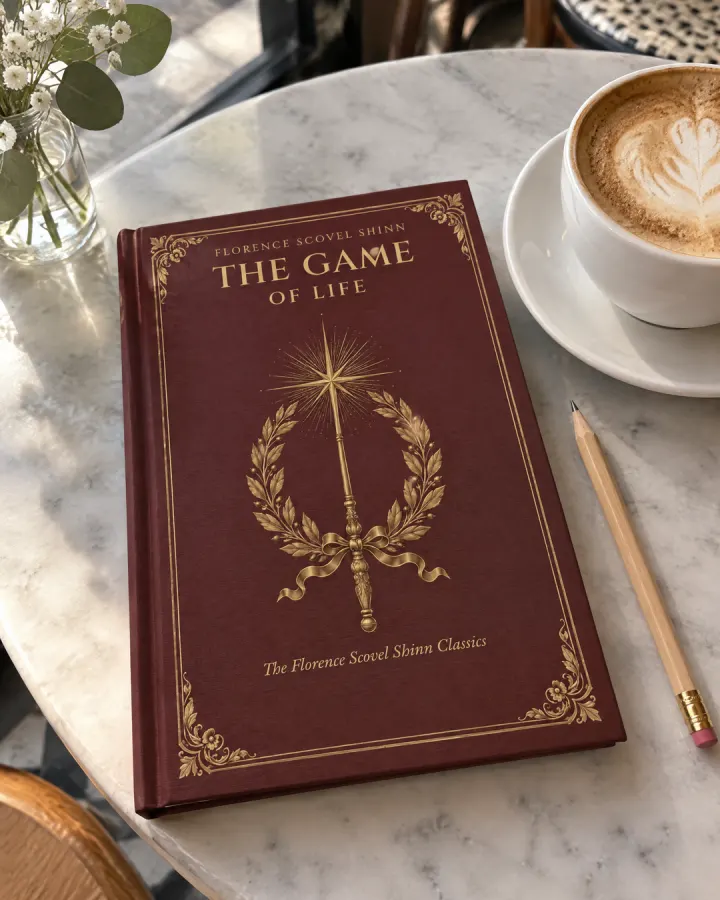 The Game of Life on a marble cafe table beside a cappuccino and a pencil