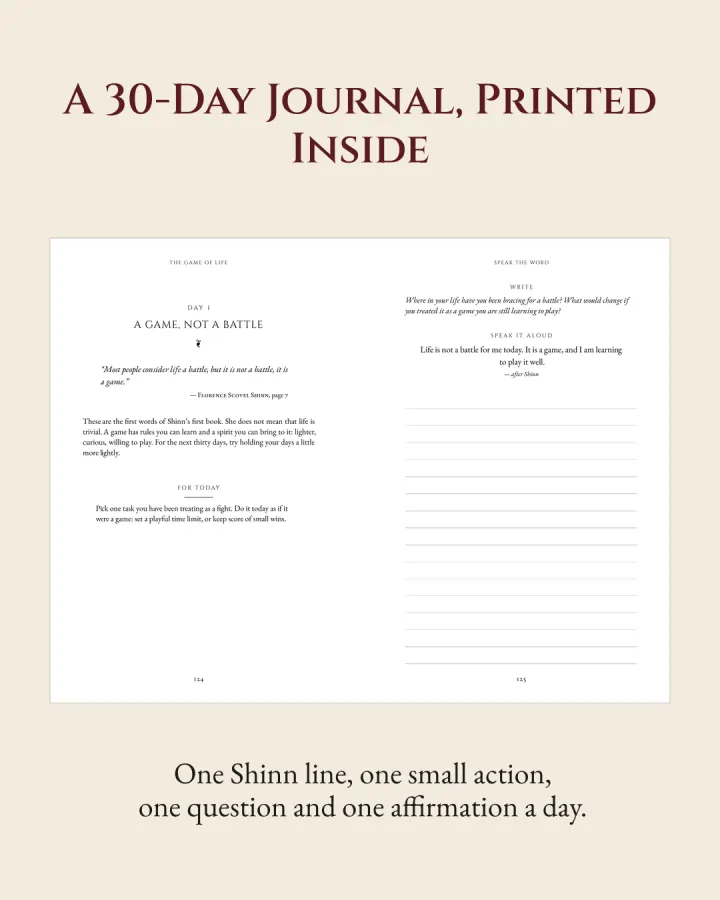 Day 1 of the printed 30-day journal: a Shinn quote, a small action, a question and an affirmation