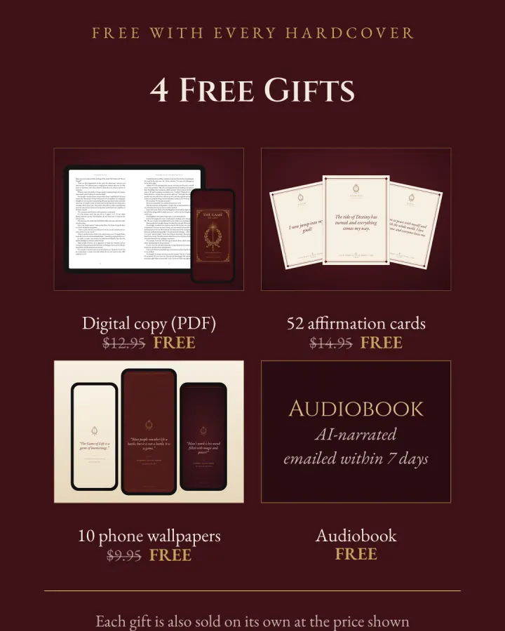 4 free gifts with every hardcover: the digital copy on a tablet, 52 printable affirmation cards, 10 phone wallpapers and the audiobook