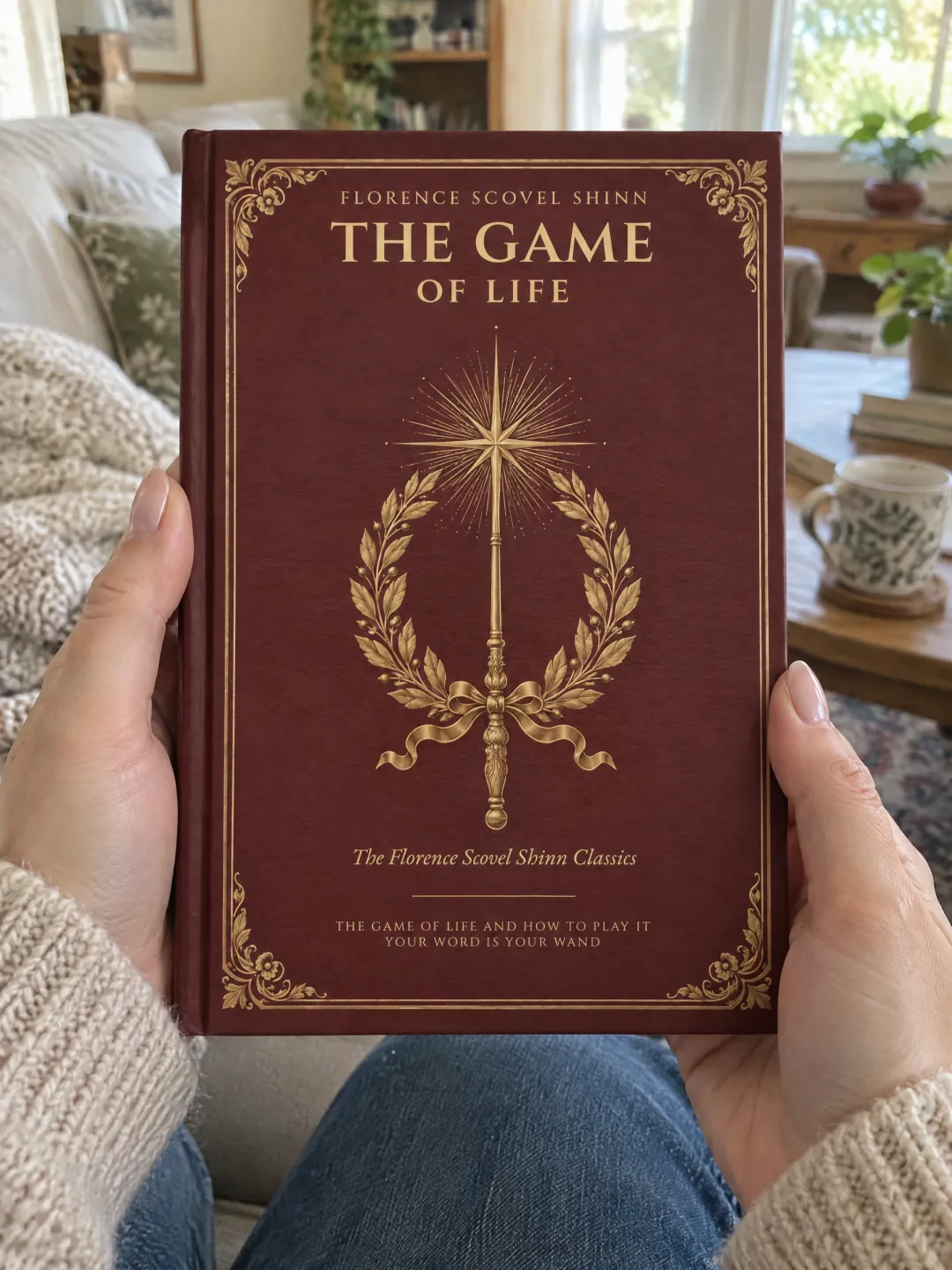 Hands holding The Game of Life hardcover in a cozy living room