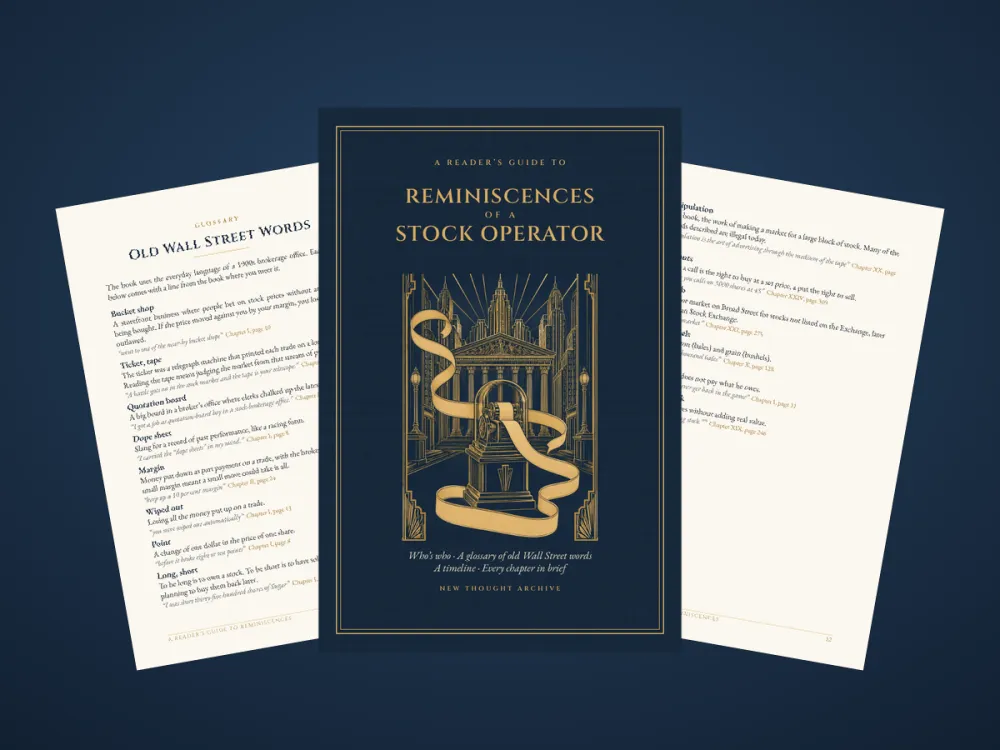 Three pages of the Reader's Guide: the cover, the glossary and the timeline