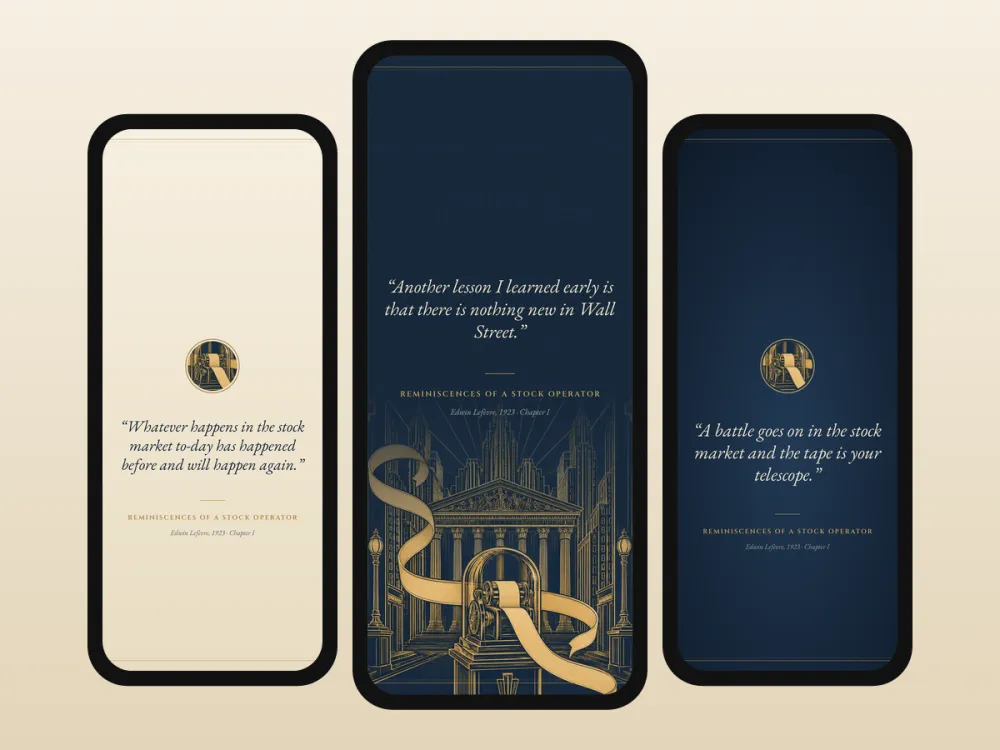 Three phones showing Reminiscences quote wallpapers in cream and navy