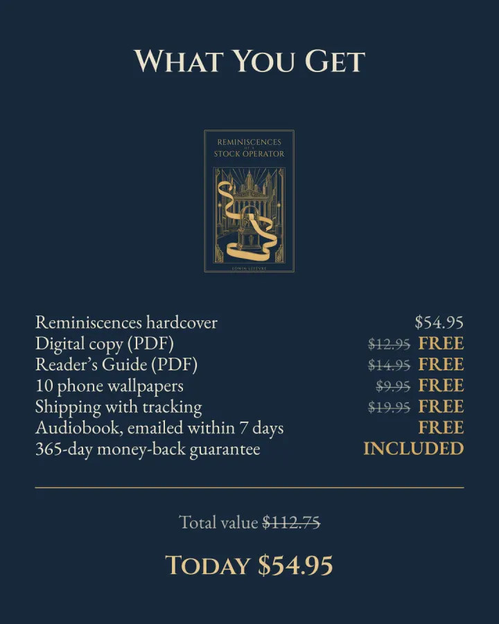What you get: the hardcover $54.95, free digital copy ($12.95), Reader's Guide ($14.95), 10 phone wallpapers ($9.95), shipping ($19.95), audiobook and a 365-day money-back guarantee. Total value $112.75, today $54.95