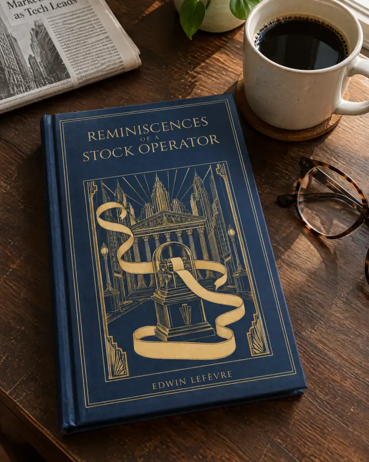 The book on a wooden desk beside a cup of black coffee, reading glasses and a newspaper