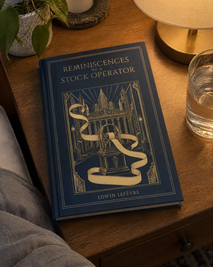 The book on a wooden nightstand beside a lamp and a glass of water