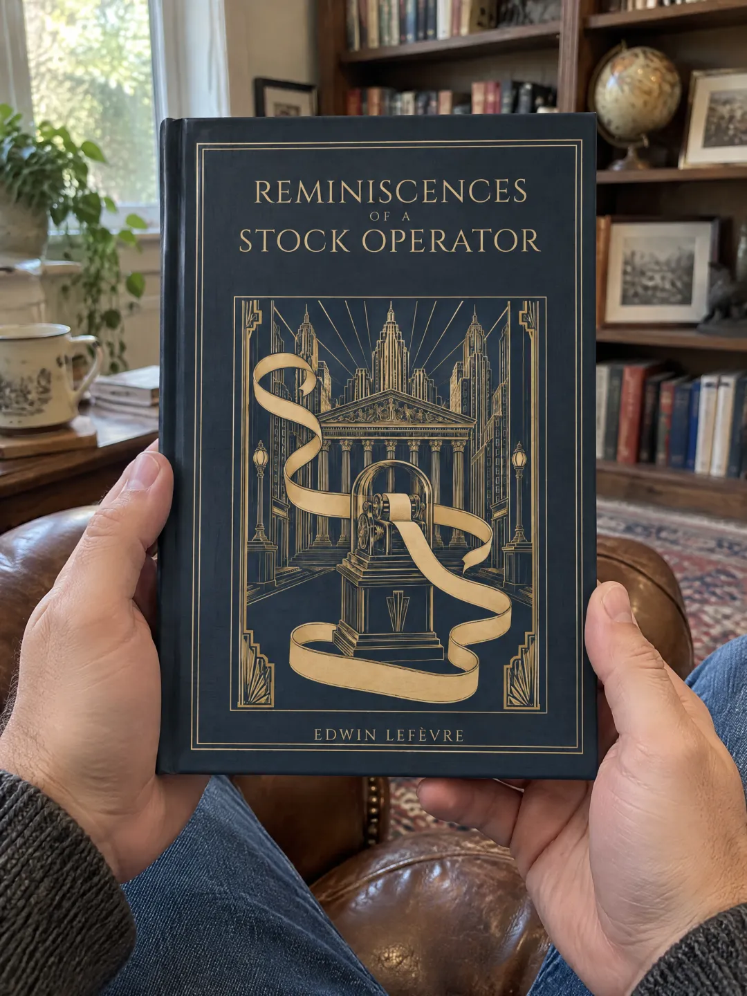 Hands holding the Reminiscences of a Stock Operator hardcover in a home study