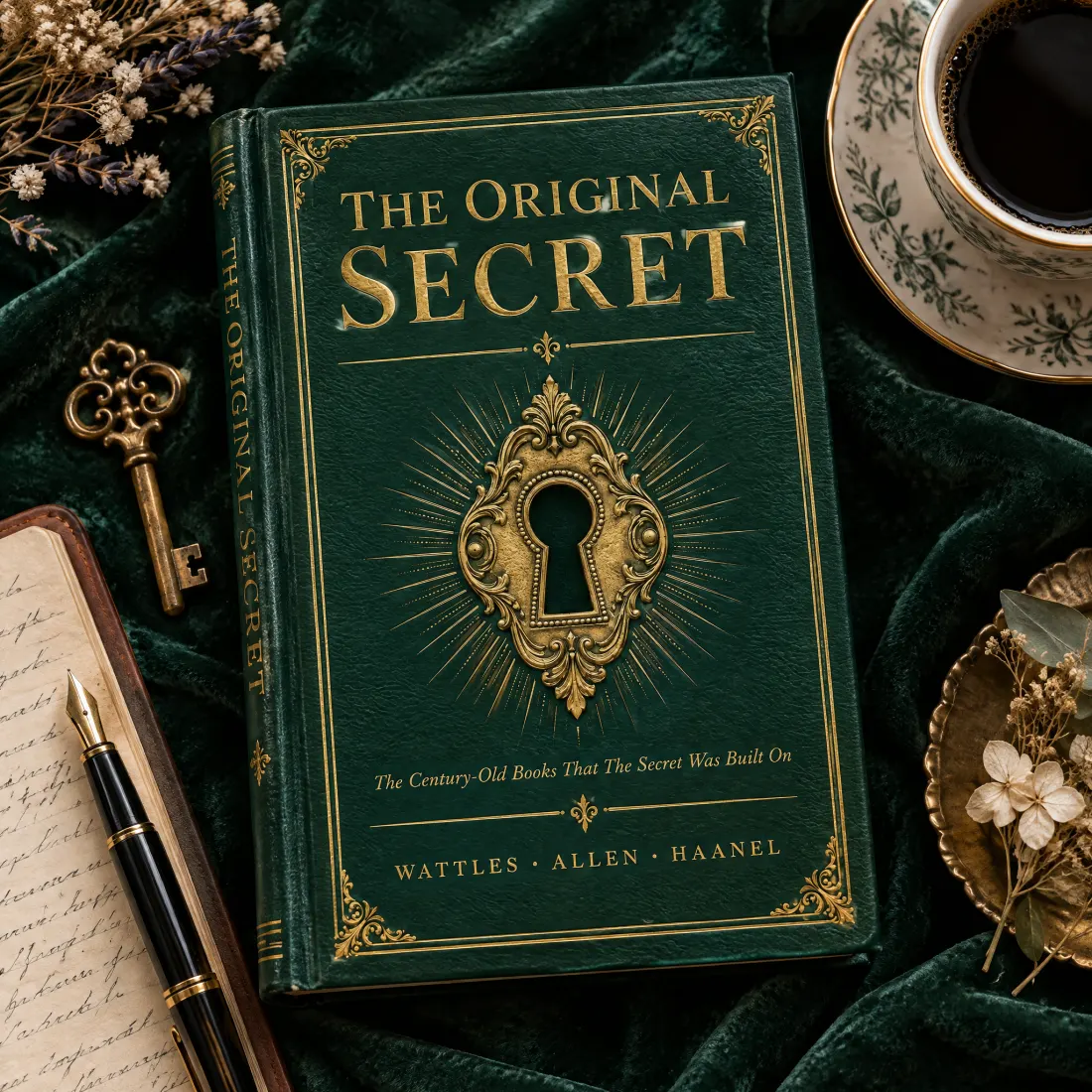 The Original Secret on green velvet beside a brass key, a fountain pen and a cup of coffee