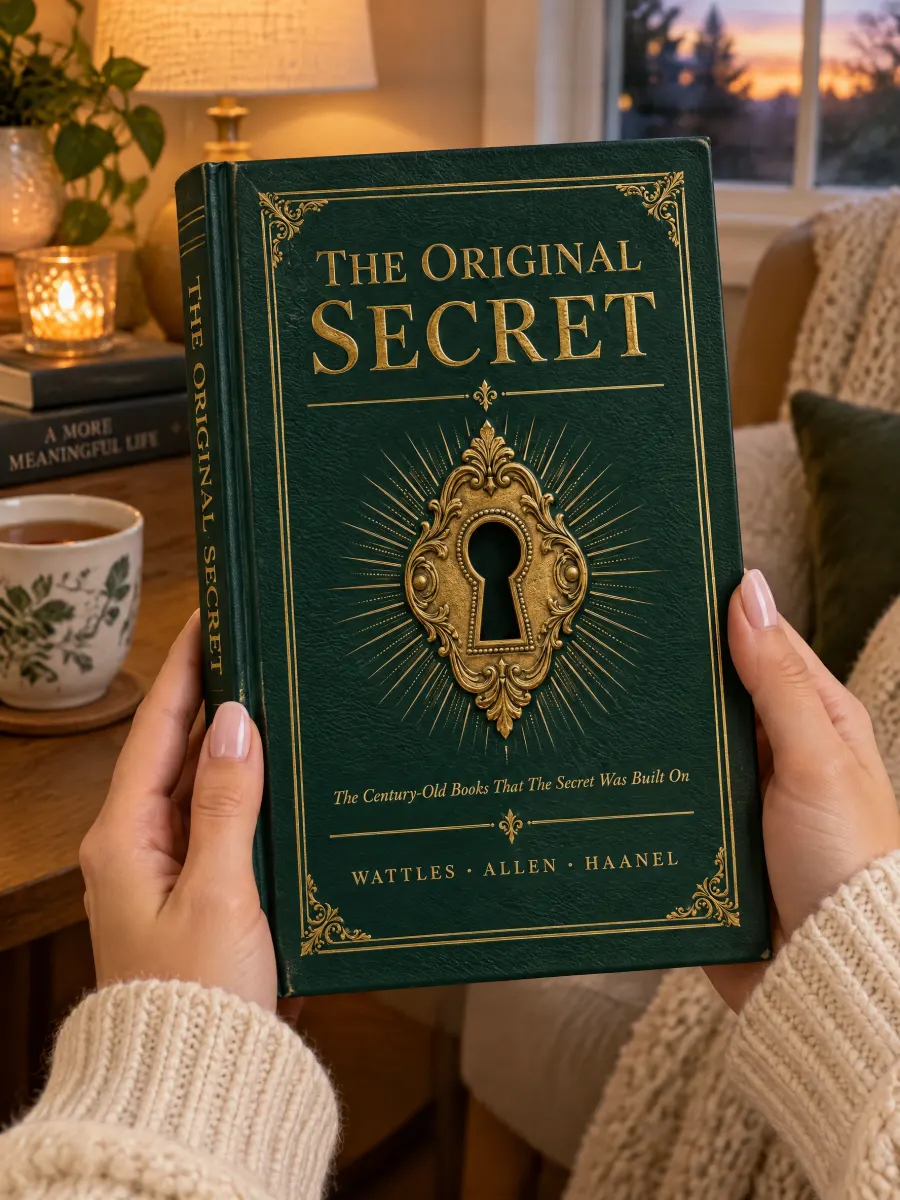 A woman holding The Original Secret in a cozy reading nook